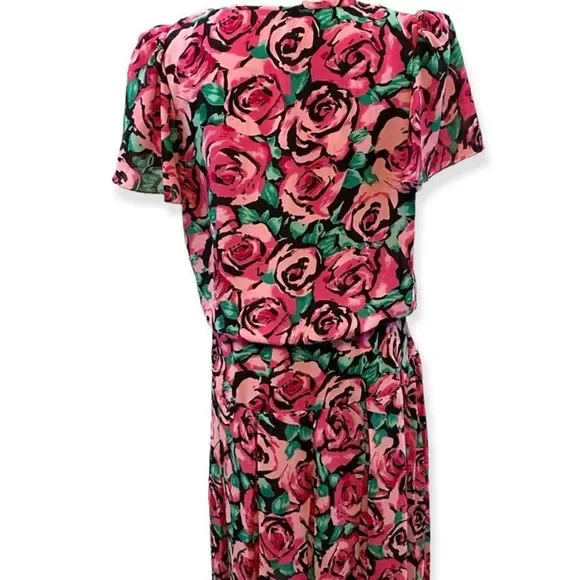 Vintage 80s Dress Black & Pink Midi Floral Roses Size 14 - Picture 3 of 6